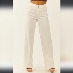 Judy Blue High Rise White Double Button Trouser Wide Leg Jeans with Embroidered